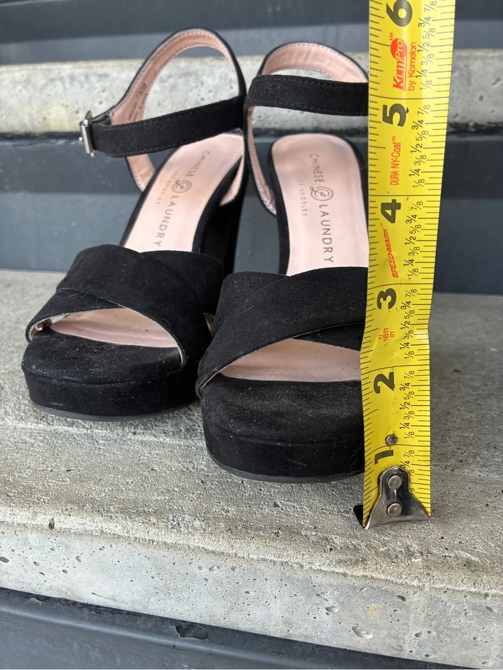 Chinese Laundry Always sandals, black suede platform 4” block heels